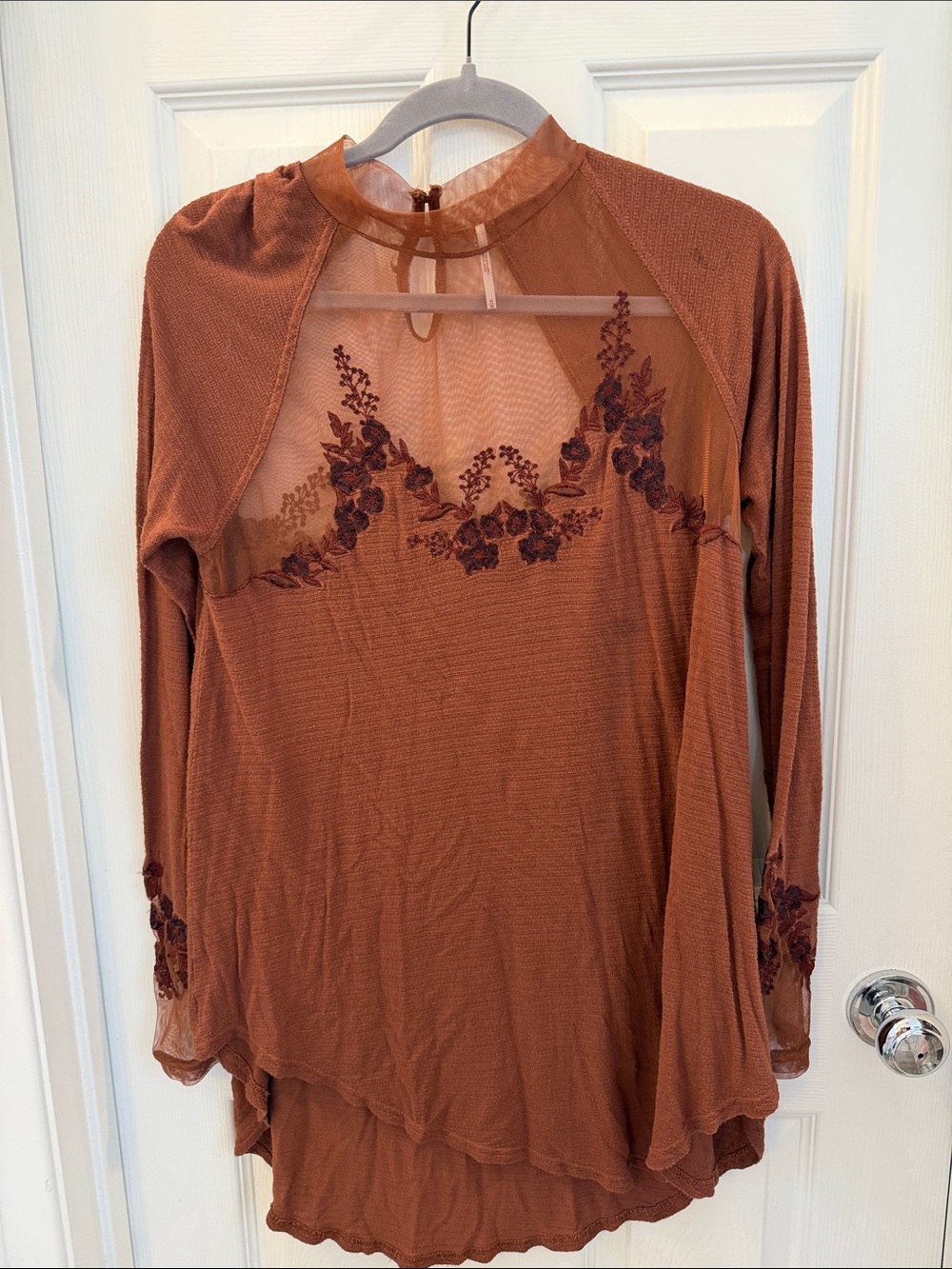 Free People M Rust Sheer Floral Embroidered Long Sleeve Top
